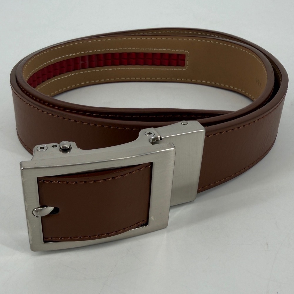 Nexbelt Mens Brown Leather Ratchet Belt No Holes Silver Buckle 30 Inch Cut Size